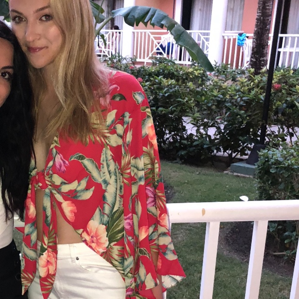 red tropical print tie front top